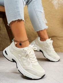 New Women Casual Sneakers, Chunky Sneakers, Shoes, White Shoes, Lace-Up Round Toe Mixed Material Breathable Versatile Printed Graffiti College Style Student Outdoor Hiking Casual Commuting Shoes