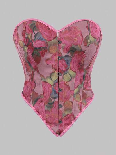 Bonmuse قميص نسائي ضيق جديد بتصميم أزهار غير متماثل على الجسم، صدرية مشكلة بأسلاك معدنية بدون أحزمة، مناسب للاستخدام اليومي الكاجوال والجذاب