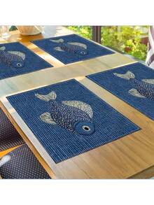4 Pcs Fish Embroidery Pattern Table Mat Non-Slip Wrinkle-Free Linen Placemat Suitable For Restaurant And Home Decoration, Ideal For Weddings And Anniversaries - Blue - View 10