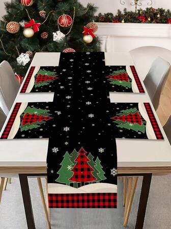 1pc Christmas Pattern Table Runner, 4pcs Christmas Pattern Placemats, Suitable For Holidays, Parties, Birthdays, Dinners, Kitchen & Dining Table Decor, All Season Home & Living Room Decor