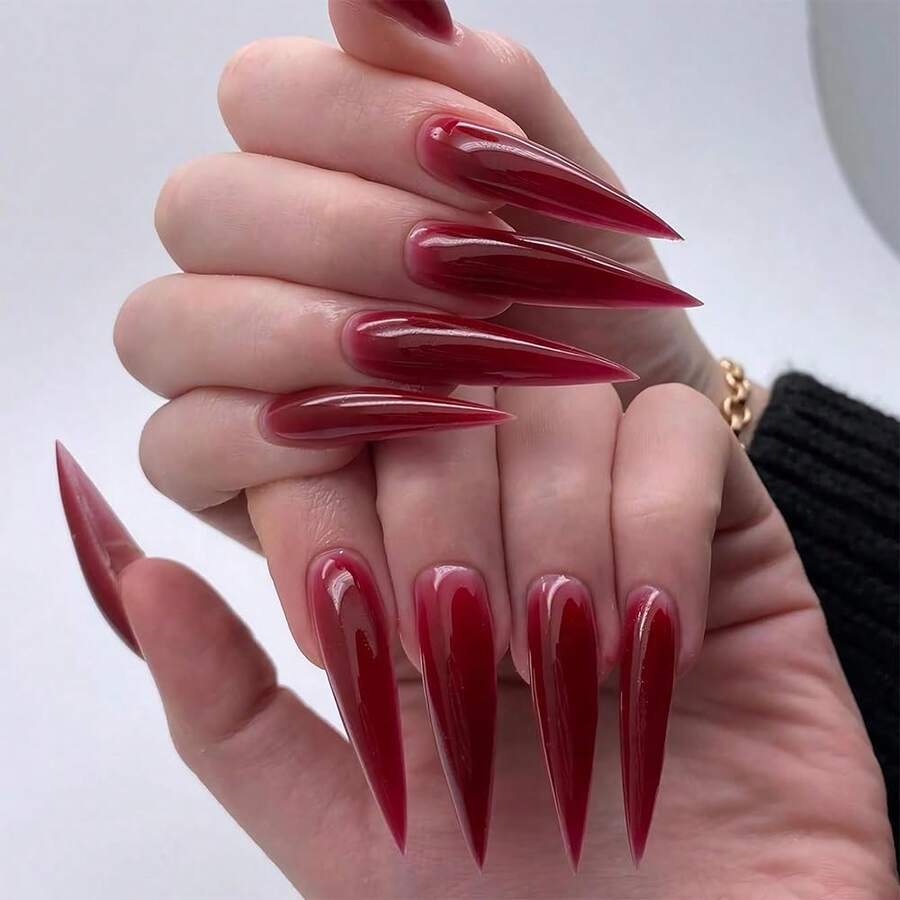 Press On Nails Long Stiletto Fake Nails Red Glue On Nails Burgundy Acrylic Nails Goth False Nails 24Pcs Manicure Stick On Nails Glossy Artificial Nails - 多色20 - 查看 1