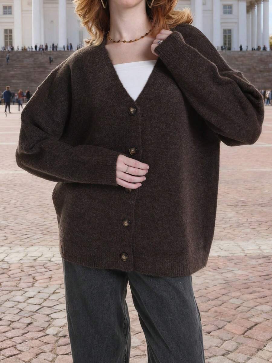 女士V领长袖休闲开衫，适合秋冬季穿着 - 棕色 - 查看 1