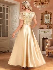 EVERPRETTY 优雅长款晚礼服女士香槟金色亮片正式礼服V领半正式晚会礼服