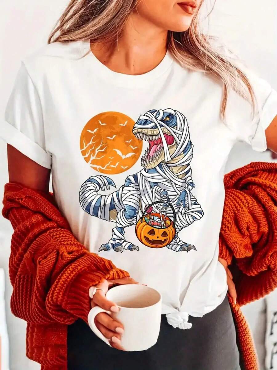 Ladies' 180g pure cotton multi-color T-shirt, printed with dinosaur pumpkin pattern, soft and breathable short sleeved T-shirt for all seasons, Y2K millennium style, street fashion, popular Mexican clothing T-shirt, moisture wicking, machine washable, suitable for sports and outdoor travel, casual wear, celebration parties, holiday clothing and beach vacations, women's first choice for gifts! - Blanco - Ver 1