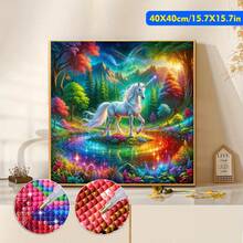 1 buc. JOZYSH Kit de pictură cu diamant 5D DIY, 39,88x39,88 cm, acrilică fără ramă, cu burghiu complet, artă cu unicorn, diamante rotunde și pătrate, temă cu animale, decor de perete lucrat manual pentru acasă și birou, cadou artizanal