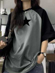 Plus Size Women's Summer Vacation Fashion Versatile Casual Simple Loose Comfortable Y2K Street Star Print Contrast Color Stitching Raglan Sleeves Short Sleeves Round Neck Knitted T-Shirt Graduation