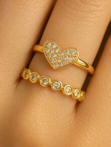 2pcs Elegant And Simple Heart Women's Rings, Luxury Niche Design With 18k Gold 925 Silver - Vàng - Xem 15