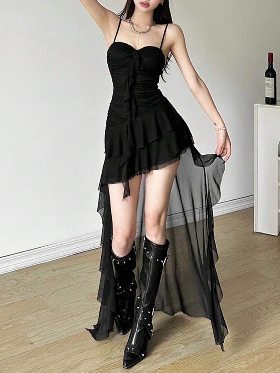 Váy hai dây trễ vai thời trang cạp cao ôm sát màu trơn Dazzle - màu đen - Xem 1