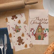 MEMNUN 2pcs Christmas Gingerbread Man, Gingerbread House, Candy Cane, Christmas Tree, Snowflake, Merry Christmas Text Printed Kitchen Towels, Dish Towels, Hand Towels, Dish Cloths, 15.75*23.62in(40*60cm), Super Soft Absorbent Microfiber, Modern, Christmas Decor, Home Decor, Kitchen Decor, Cooking, Baking, Tea Towels, Cleaning Supplies, Suitable For Restaurant, Kitchen, Christmas Holiday Decoration And Gifts, All Season