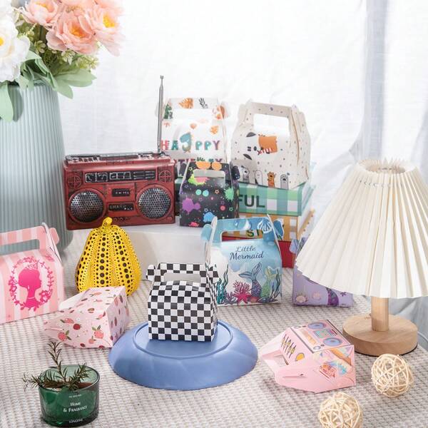 8 قطع/16 قطعة صندوق هدايا لحفلات الحلوى والبسكويت مع مقبض، متوفرة بتشكيلة متنوعة من الأنماط لحفلات الزفاف وأعياد الميلاد وحفلات العزوبية والمناسبات الاحتفالية