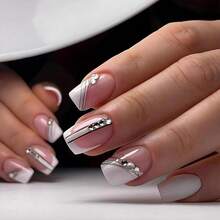 Square Press On Nails Short Fake Nails White French Acrylic Nails Squoval Glue On Nails 24Pcs False Nails For Women And Girls - 多色24 - 查看 1