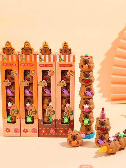 1pc 5-Color Cartoon Capybara Fluorescent Highlighter Pen, Student Coloring Drawing Marker, Bright Marker Pen, Halloween And Christmas Gift, Random Style