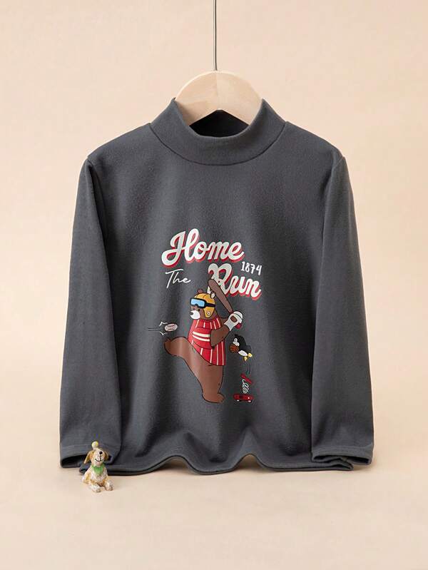 Young Boys Cartoon Baseball Bear & Letter Print, Casual Comfortable Soft Fleece Pajamas, Long Sleeve Tops Turtleneck Pjs, Thermal Fall Outfits Underwear Sleepwear Suit For Autumn/Winter