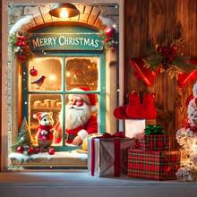 1 pieza/Decoración de cubierta de ventana con tema navideño, hecha de poliéster, con texto "Feliz Navidad", los patrones incluyen Papá Noel, pequeños animales con disfraces navideños, pájaros, pan, bolas de Navidad, pequeños árboles de Navidad y otros elementos, adecuado para decoración del hogar o la tienda durante la Navidad, decoración interior y exterior del hogar, decoración navideña - Multicolor - Ver 2