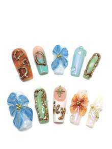 10 Pieces Of 2.5 Cm Almond-Shaped Press-On Nails, Handcrafted, Beach Essentials, Nail Patch, Press On Nails, Nails, Supplies, Summer Nails, Press On Acrylic Nails, Long Nails, Featuring Cross, Petals, Jellyfish, Rhinestones, Faux Pearls, French Tips, Gradient, 3D Sculptured Designs, And Versatile, Punk Style