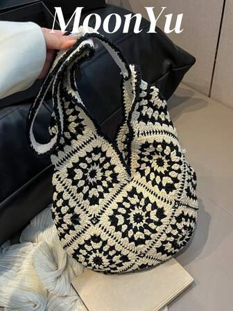 女士编织向日葵图案手提包，大容量软肩手提包，时尚优雅，适合度假