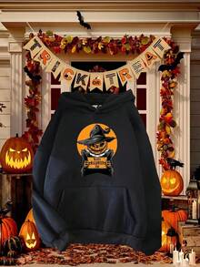 1pc Women'S Halloween Hoodie - Spooky Pumpkin & Bats Graphic Pullover Sweatshirt, Loose Fit Hooded Sweater For Halloween Party Outfit, Halloween Clothes, Yellow Sport Sweater For Womenfall Hoodies,Men's Fall Clothes,Street Wear,Halloween,Mens Hoodies,Y2k Clothes,Jesus Hoodie,Thanksgiving Day,Nightmare Before Christmas,Christmas,Basics,Christmas Sweatshirt,Thanksgiving Outfit Men,,Christmas Clothes,Winter Clothes For Men,Men Gifts - Black - View 1