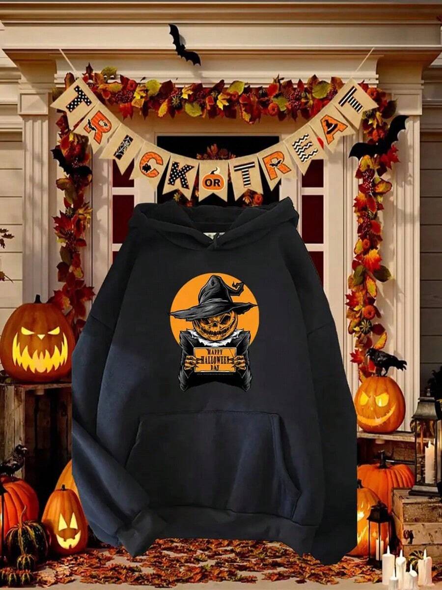 1pc Women'S Halloween Hoodie - Spooky Pumpkin & Bats Graphic Pullover Sweatshirt, Loose Fit Hooded Sweater For Halloween Party Outfit, Halloween Clothes, Yellow Sport Sweater For Womenfall Hoodies,Men's Fall Clothes,Street Wear,Halloween,Mens Hoodies,Y2k Clothes,Jesus Hoodie,Thanksgiving Day,Nightmare Before Christmas,Christmas,Basics,Christmas Sweatshirt,Thanksgiving Outfit Men,,Christmas Clothes,Winter Clothes For Men,Men Gifts - Black - View 1