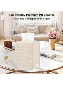 1 Stück beige/schwarze PU Tissue Aufbewahrungsbox, PU Leder einfache Rattan gewebte Tissue Box für Esszimmer, Wohnzimmer, Leder kreative Schubladenbox, Auto Leder Tissue Aufbewahrungstasche