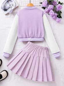 Tween Girl Letter Graphic Contrast Color Sporty Campus Style Baseball Jacket And Pleated Mini Skirt Casual Set - Purple - View 2