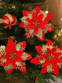 1/10/20pcs Poinsettia Artificial Flowers For Christmas, Fake Christmas Tree Branches Decor, Home Decoration, Floral Decor, Party, Wreath, New Year Outdoor Decoration