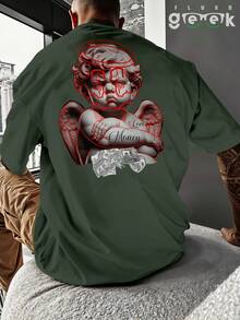 Shirt Oversized Streetwear Angel Money Dollar Cupid Angel Drawing Printed Anime REF 7177 FLUXOGEEK - xanh quân đội - Xem 5
