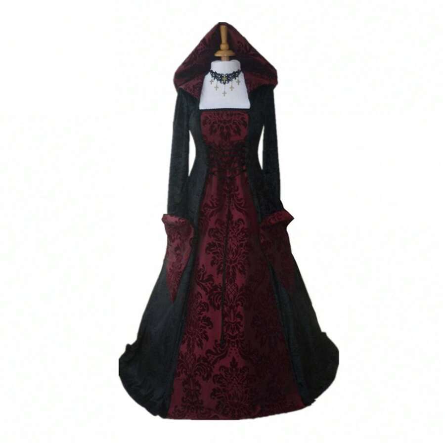 Plus Size - Plus Size - Plus Size - Elegant Women'S Vintage Medieval Dress - Long Sleeve Hooded Gown With Floral Print, Fitted Waist & Bell Sleeves, Square Neckline, Ruched Bust Detail, All-Season Party & Banquet Attire, Plus Size, Halloween Costume, Formal Event Attire, Sophisticated Craftsmanship, Beautiful Floral Print For Halloween, Stage, Banquet, And Party Halloween Costumes Costume Disfraz De Mujer Costumes For Woman Halloween Costume Costume Women Disfraz De Mujer Halloween Mujer Disfraz Disfraz Disfraz Halloween Mujer - 紅色 - 查看 1