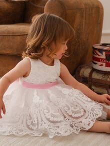 Baby Girls' Pink Bow Tulle Party Dress, Elegant & Cute Princess Dress, Suitable For Baby Girl's 1st Birthday, Wedding, Party, Holiday Celebration - White - View 8