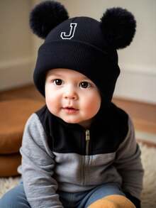1 件婴儿字母针织帽，柔软、温暖、舒适，适合男孩和女孩秋冬季户外使用。 - 黑色 - 查看 5