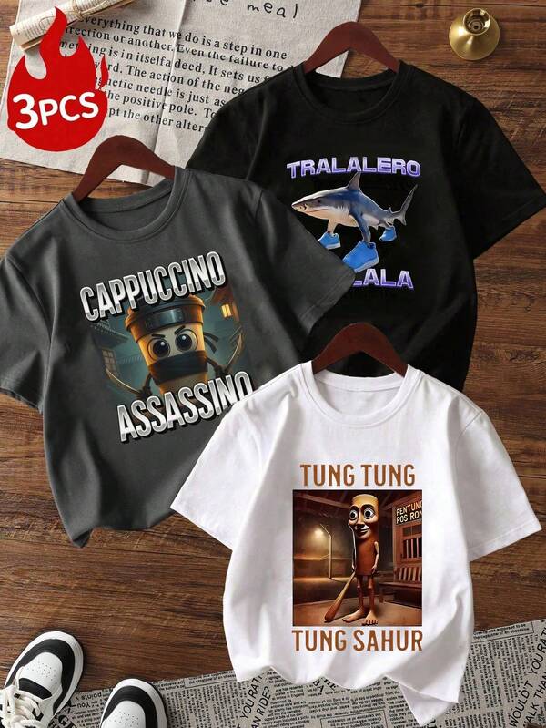 3pcs Tween Boys' "Italian Brainrot" Graphic Print Crew Neck Short Sleeve T-Shirts, Summer Tops
