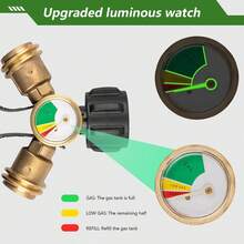 Divisor de tanque de propano de 2 vías con manómetro - Adaptador en Y de latón y válvula de cierre para estufas de camping, parrillas de barbacoa, calentadores y quemadores de gas