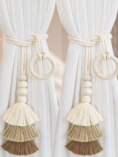 1pc/2pcs Bohemian Style Handmade Fringed Tasseled Window Tie Backs With Wooden Beads, Minimalist Diamond & Round Combination Window Curtain Rope, 6-Bead Creative Curtain Rope Holder Clips, Suitable For Living Room, Lightweight Luxury Nordic Style