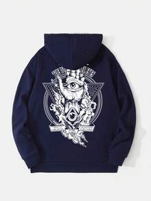Men's Mysterious Personalized Printed Loose Fit Hoodie, Navy Blue, For Autumn/Winter