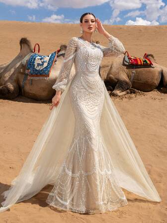 Faeriesty Haute Glamour Elegant Långärmad Aftonklänning Med Intrikata Pärlbroderier Och Geometriska Paljettmönster – Skira Puffärmar, Lagerbelagd Tyllkjol För Röda Mattan- Och Bröllopselegans