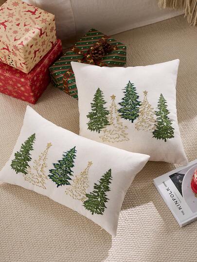 1pc Christmas Tree Embroidered Pillow Cover, Suitable For Indoor Decoration, Christmas Decorative Pillow Cover, Pillow Insert Not Included
