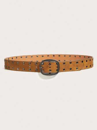 1pc Vintage Western Style Orange Belt, Punk Inspired Double Row Silver Rivet Decor Women's Belt, Suitable For Pairing With Rock Outfits, Jeans, Dresses, Casual Wear, Western Accessories, Suitable For Parties, Casual Outings, Rock, Street