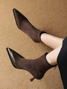 2025 Bottines pour femmes, design à bout pointu et coupe slim, bottines à élastique avec doublure en fourrure, nouvelle collection automne/hiver - Tabac - Voir 1