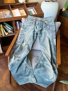 Spring And Autumn Fashion Versatile Candy Chain Printed Unisex Curved Knife Jeans Pants - 藍色 - 查看 4