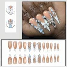 Stiletto Press On Nails Long Fake Nails White French Tip Glue On Nails Rhinestone Flower Charm Design Luxury Acrylic Nails Bow False Nails 24Pcs Bling Manicure Coquette Almond Stick On Nails - 多色1 - 查看 5