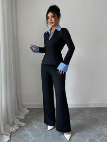 Women's Casual Two Pieces Outfit With Contrast Shirt Collar And Striped Cuffs Medium Stretch Pants Set