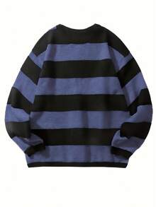 男士秋冬新款美式深色系宽松高中青年条纹毛衣，长袖上衣 - 淺藍色 - 查看 2