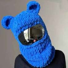 Ny stickad mössa med björnöron för kvinnor, stickad mössa med förtjockad ansiktsmask för vuxna, höst/vinter - A - Visa 9