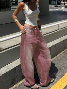 Women's Retro Washed Straight-Leg Jeans, American Design, Loose Fit, Casual Red Wide-Leg Pants, Fashionable Spring/Summer Outfit