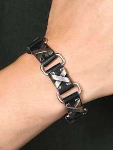 1 pieza Brazalete de cuero de estilo punk personalizado, accesorio de muñequera de cuero con remaches de calavera minimalista y feroz de estilo hip hop - Negro - Ver 10