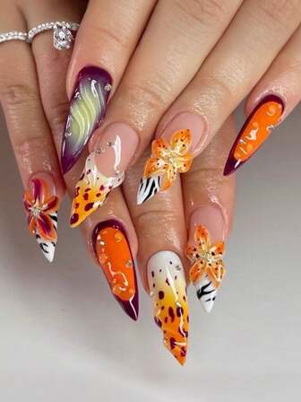 [Fall Press On Nails] Medium Almond Orange Fake Nails French Tip With 3D Gel Flower Designs For Women Girls 24Pcs