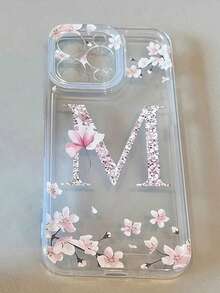 1pc Floral Letter M Personalized Transparent Full Body Shockproof TPU Phone Case Suitable For IPhone 17 16 15 14 13 12 11 Pro Max, A55/54/53/52/51, S25/24/23/22/21 Ultra - Multicolor - View 3