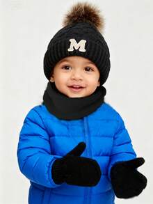 冬季针织帽、手套和围巾四件套，保暖手套和针织帽，男女通用，新年和情人节完美礼物，保暖户外旅行针织帽，冬季配饰，冬季服装 - 黑色 - 查看 2