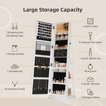 Dripex Jewelry Organiser Mirror Wardrobe, 360° Swivel Jewelry Storage, Lockable, 3 In 1 Free Standing Mirror With Storage Shelves - White - View 7
