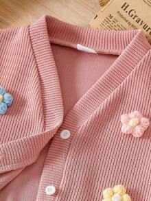 2 Stück/Set Elegantes Outfit für Kleine Mädchen mit Blumendekoration, bestehend aus Strickjacke mit Langarm und schwarzer Schlaghose, Mädchen Winter/Herbst Kleidung