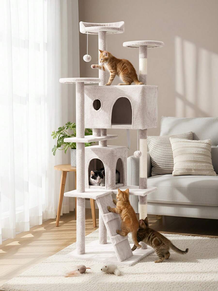 Cat Tree For Indoor Cats, 69.3 Inch Multi-Level Cat Furniture Condo For Cats, Top Padded Perches, Sisal Scratching Posts And Hanging Toys, Large Cat Pet Activity Structure - Beige - View 1